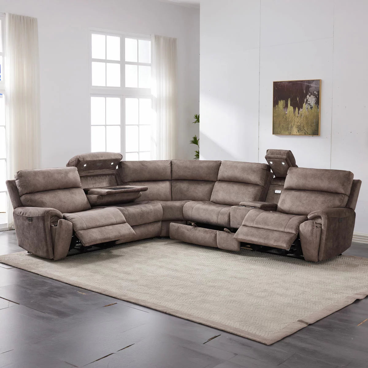 Vegas Brown Fabric Power Reclining Sectional Sofa With Storage Drawer