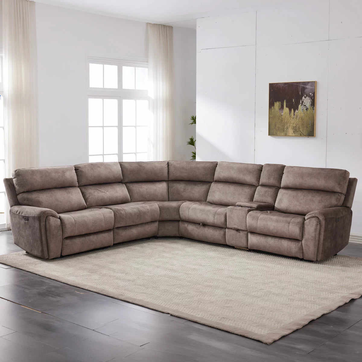 Vegas Brown Fabric Power Reclining Sectional Sofa With Storage Drawer
