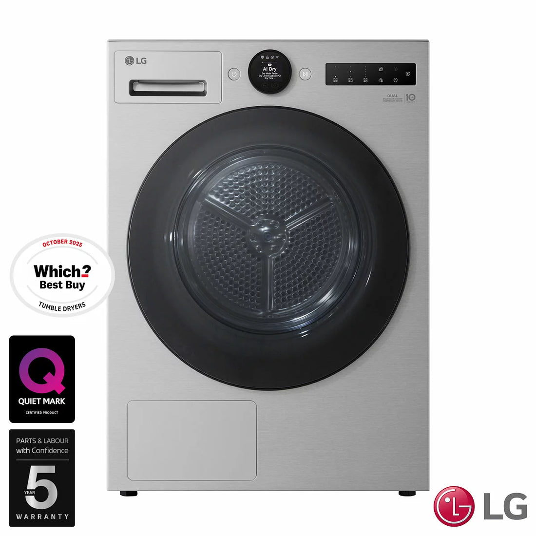 LG RHX7009TSB 9kg Heat Pump Tumble Dryer, A+++ Rated in Silver