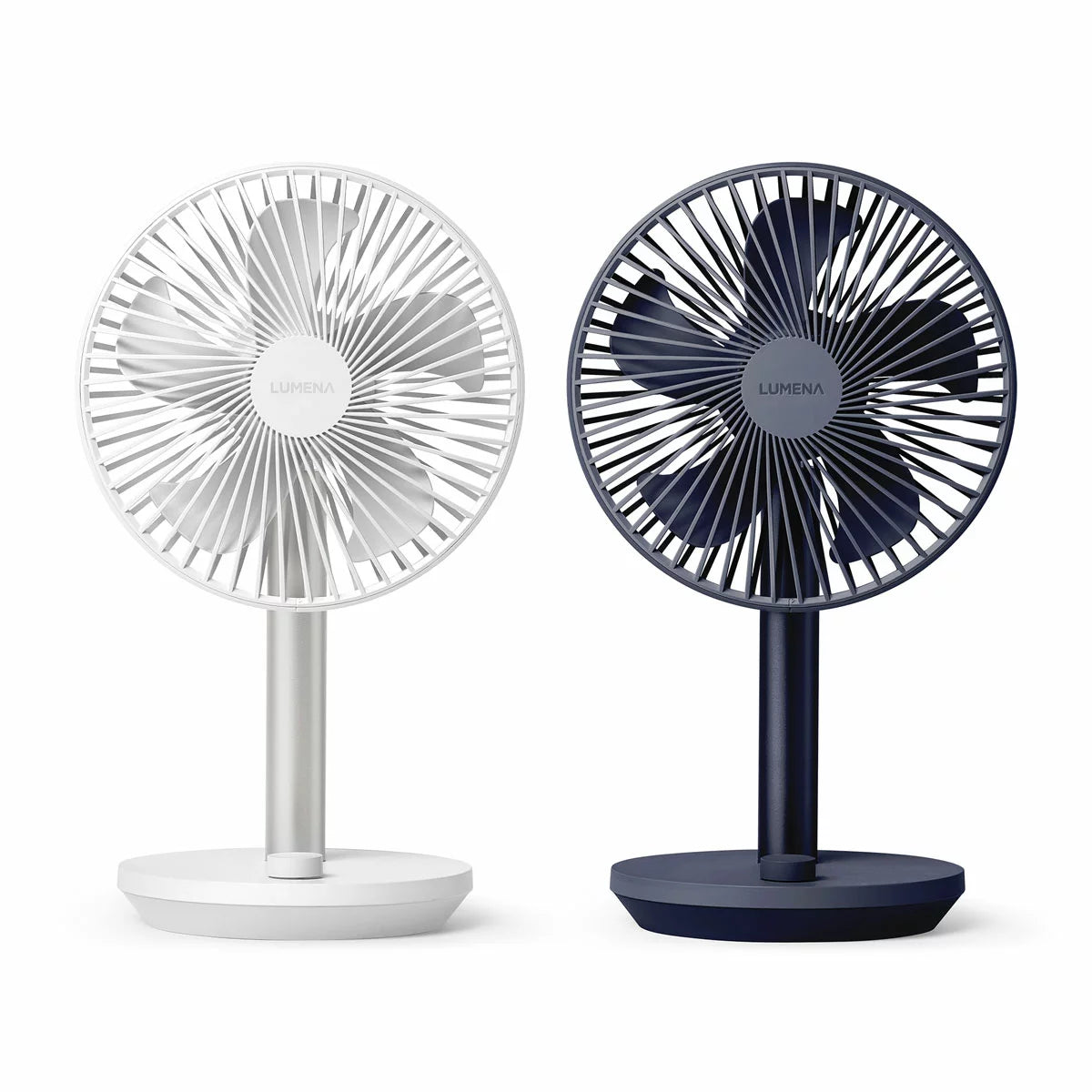 LUMENA Rechargeable Wireless Desk Fan Stand, 2 pack in Navy & White