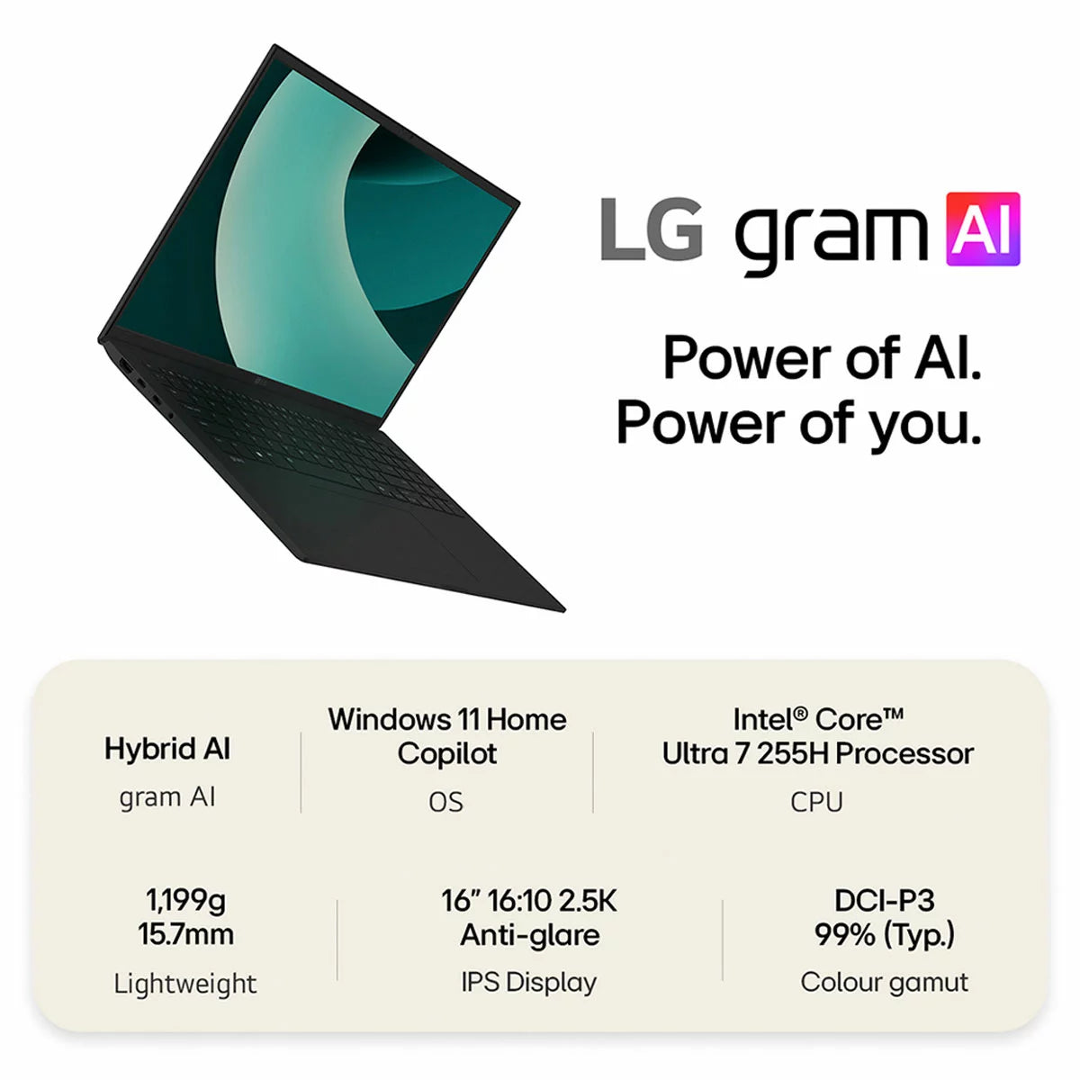LG gram Copilot+PC, Intel Core Ultra 7, 16GB RAM, 512GB SSD, 16 Inch Laptop