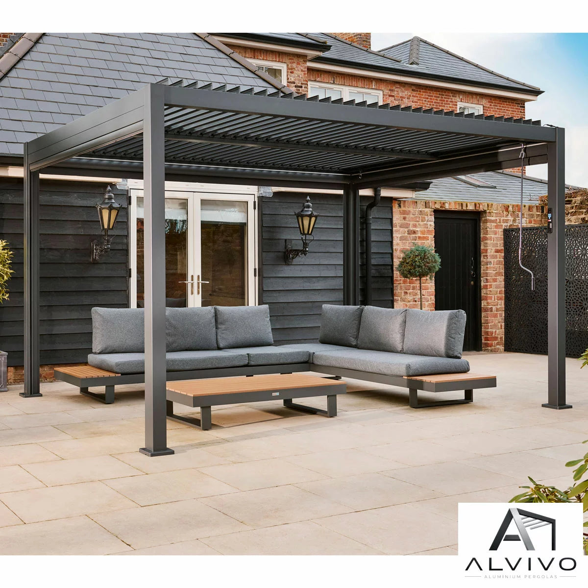 Alvivo 9ft 7" x 12ft 10" (2.9 x 3.9m) Louvered Aluminium Pergola Bundle with 4 Pull-Down Screens & LED Lights