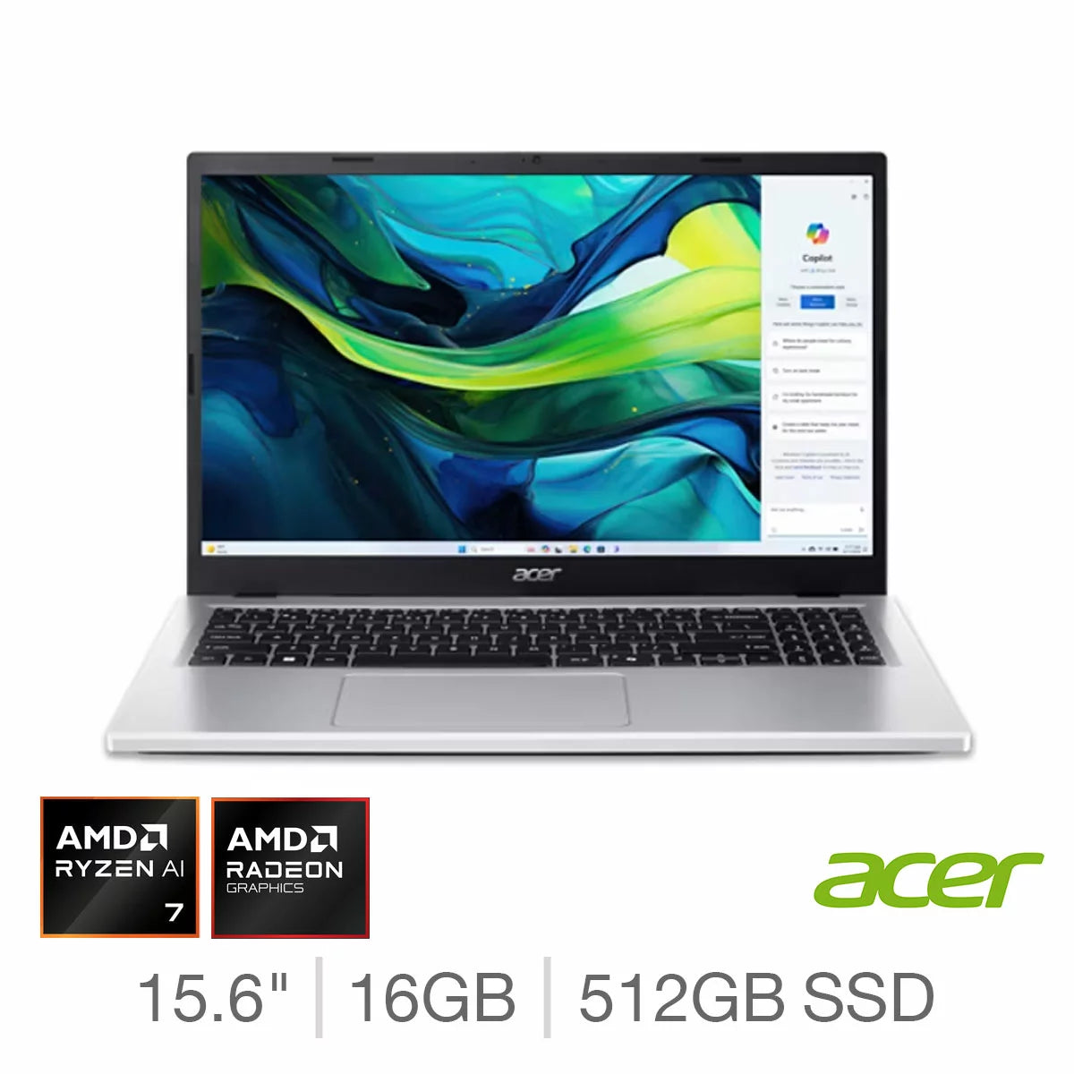 Acer Aspire Lite Copilot+PC, AMD Ryzen 7, 16GB RAM, 512GB SSD, 15.6 Inch Laptop