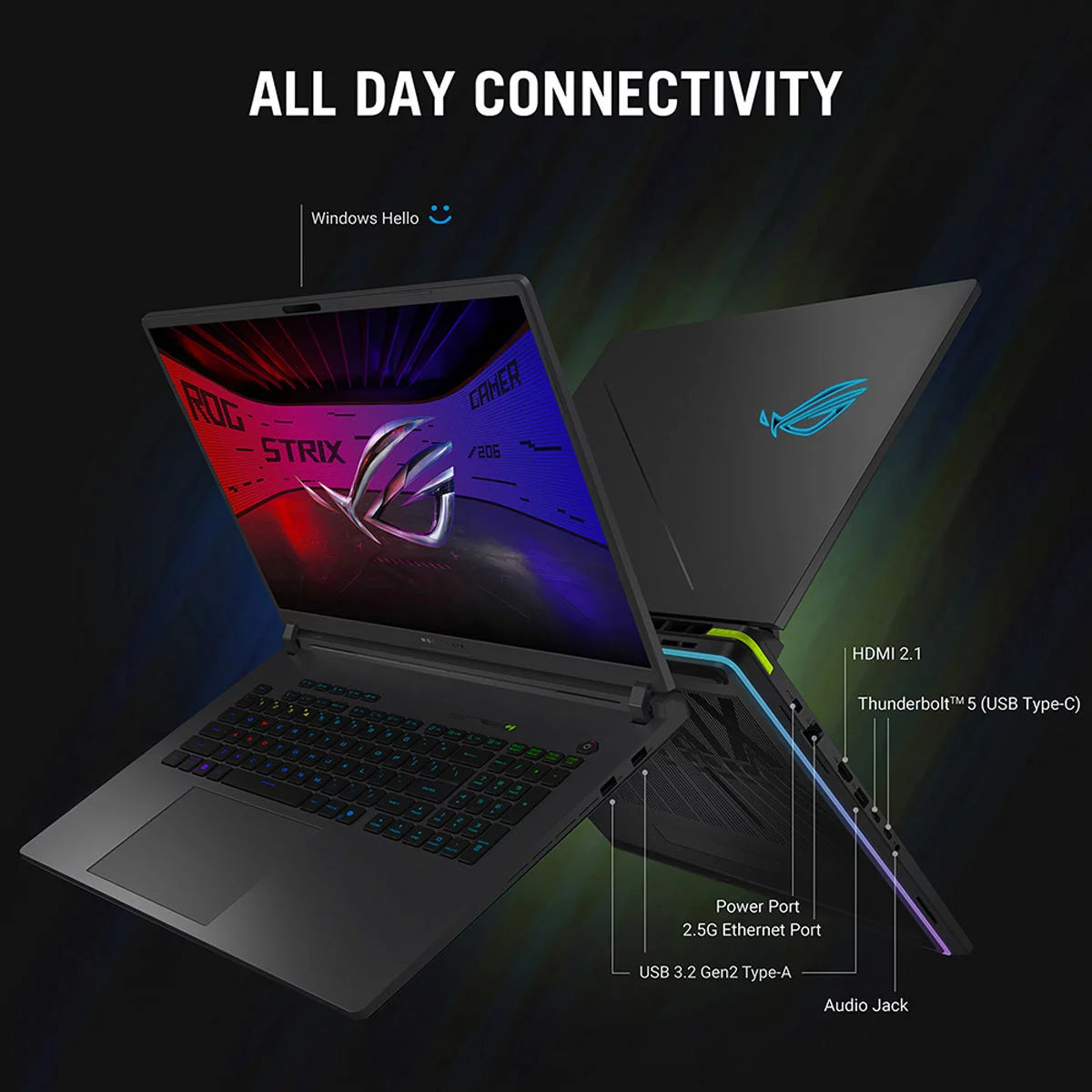 ASUS ROG Strix, Intel Ultra 9, 32GB RAM, 1TB SSD, NVIDIA GeForce RTX 5070 Ti, 18 Inch Gaming Laptop, G815LR-TT281W, view 7