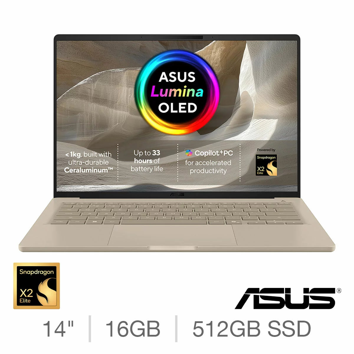 ASUS Zenbook, Copilot+ PC, Snapdragon X2E-88-100, 16GB RAM, 512GB SSD, 14 Inch