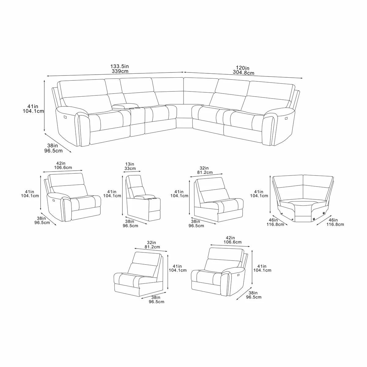 Vegas Grey Fabric Power Reclining Sectional Sofa With Storage Drawer