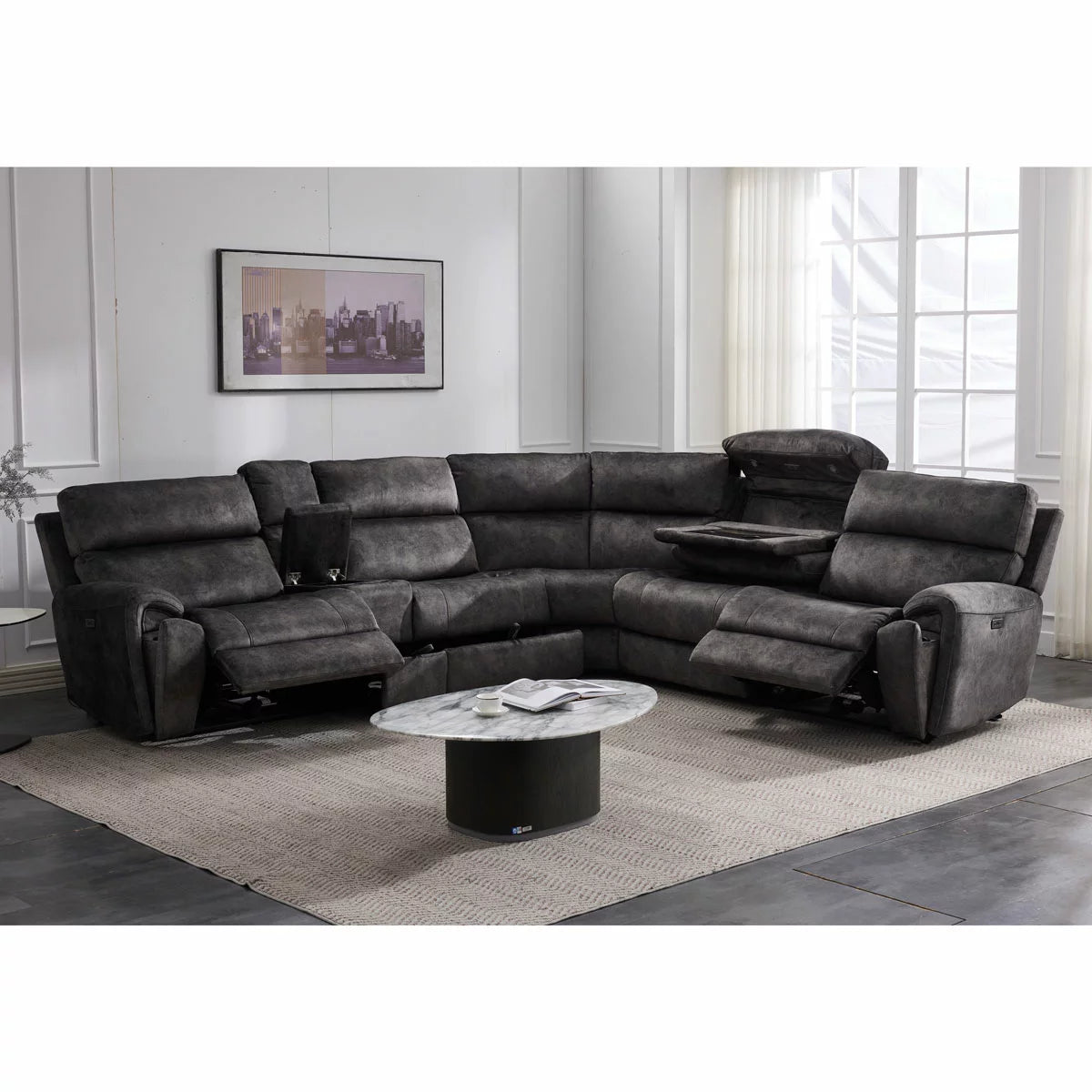 Vegas Grey Fabric Power Reclining Sectional Sofa With Storage Drawer