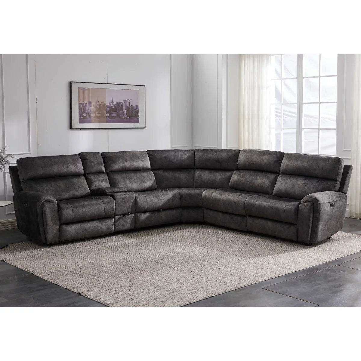 Vegas Grey Fabric Power Reclining Sectional Sofa With Storage Drawer