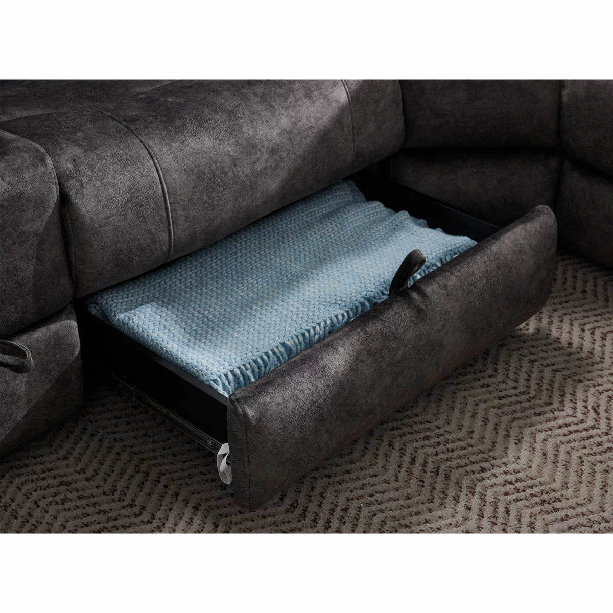 Vegas Grey Fabric Power Reclining Sectional Sofa With Storage Drawer
