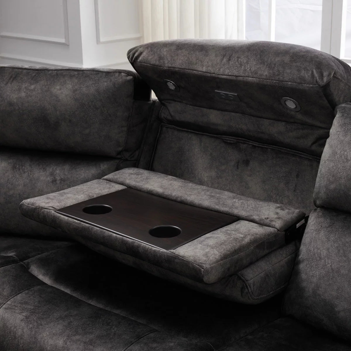 Vegas Grey Fabric Power Reclining Sectional Sofa With Storage Drawer