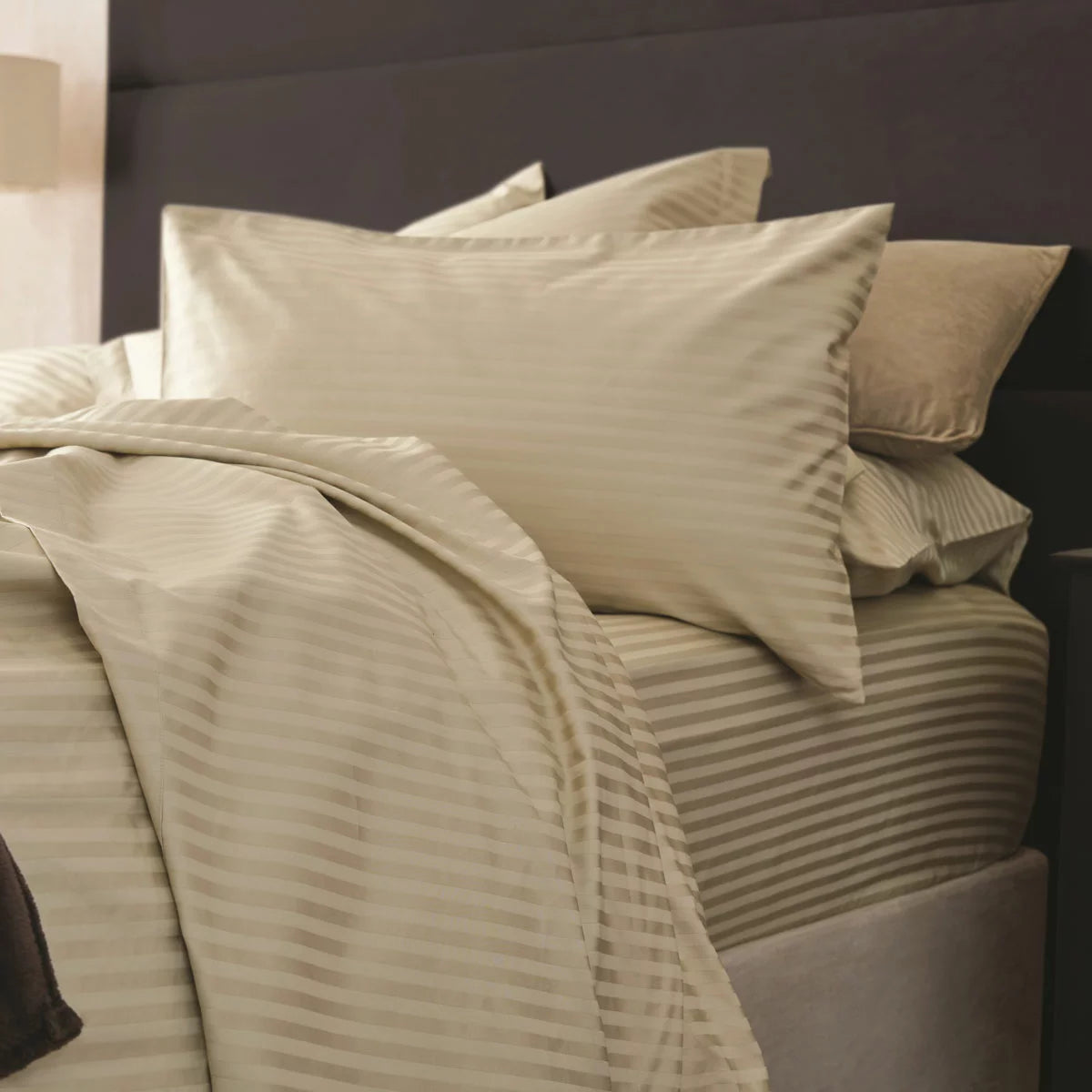 Belledorm 540 Thread Count Satin Stripe Taupe Duvet Cover Set in 3 Sizes