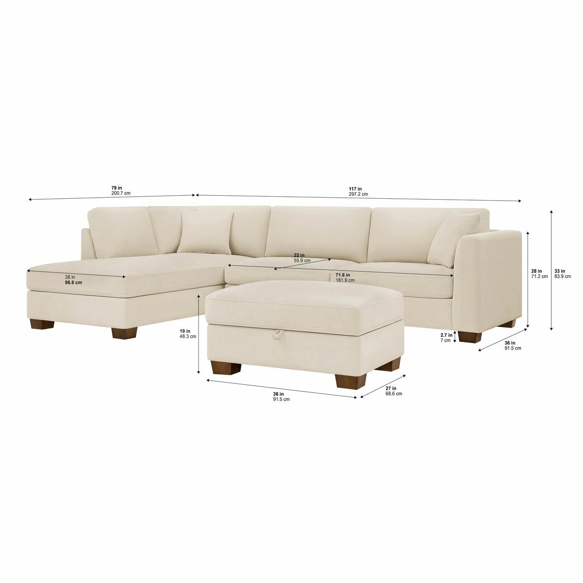 Thomasville Walsen Cream Fabric Corner Sofa with Storage Ottoman in 2 Configurations, view 2
