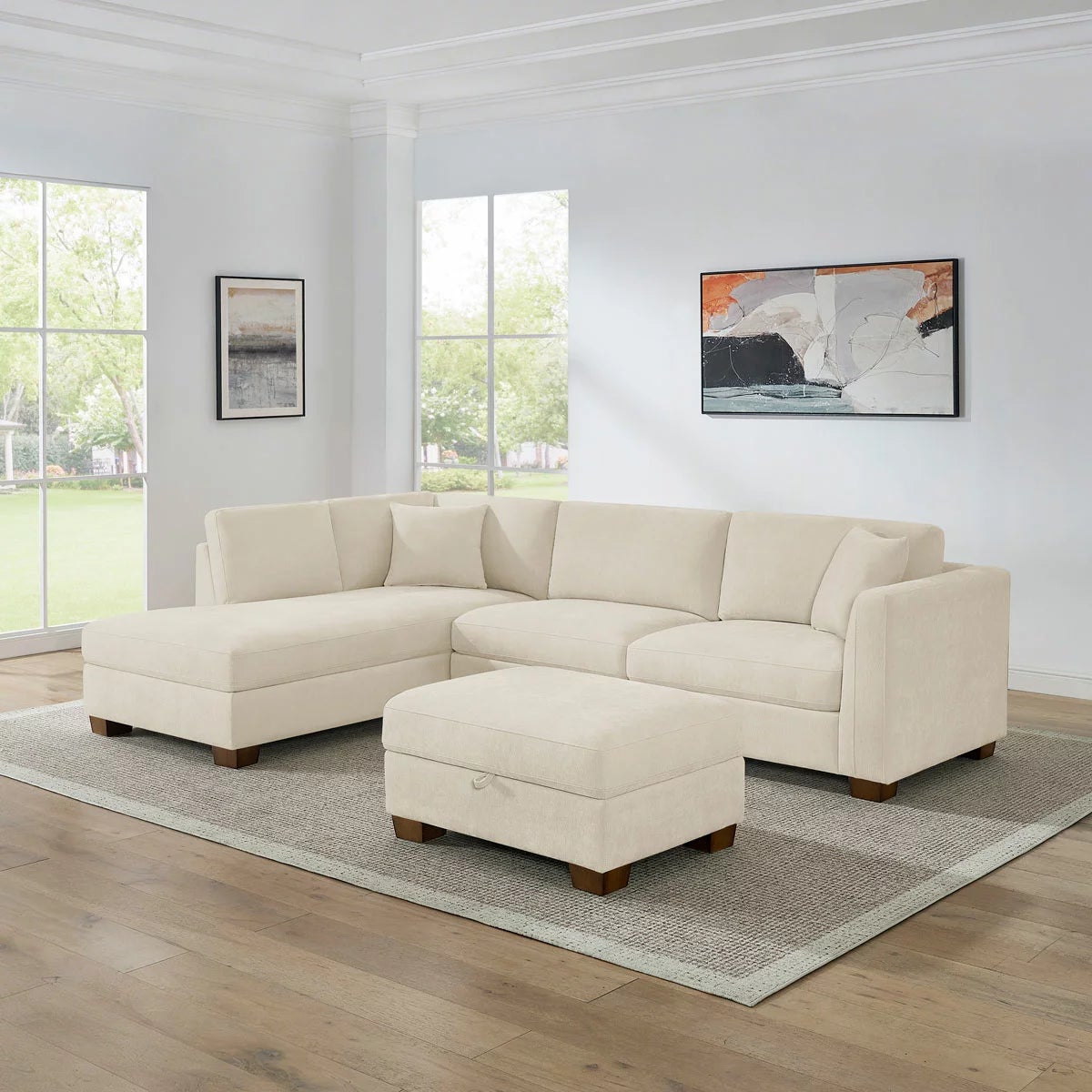 Thomasville Walsen Cream Fabric Corner Sofa with Storage Ottoman in 2 Configurations, view 3