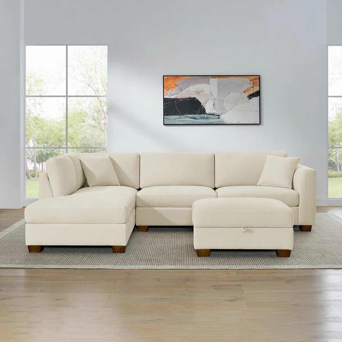 Thomasville Walsen Cream Fabric Corner Sofa with Storage Ottoman in 2 Configurations