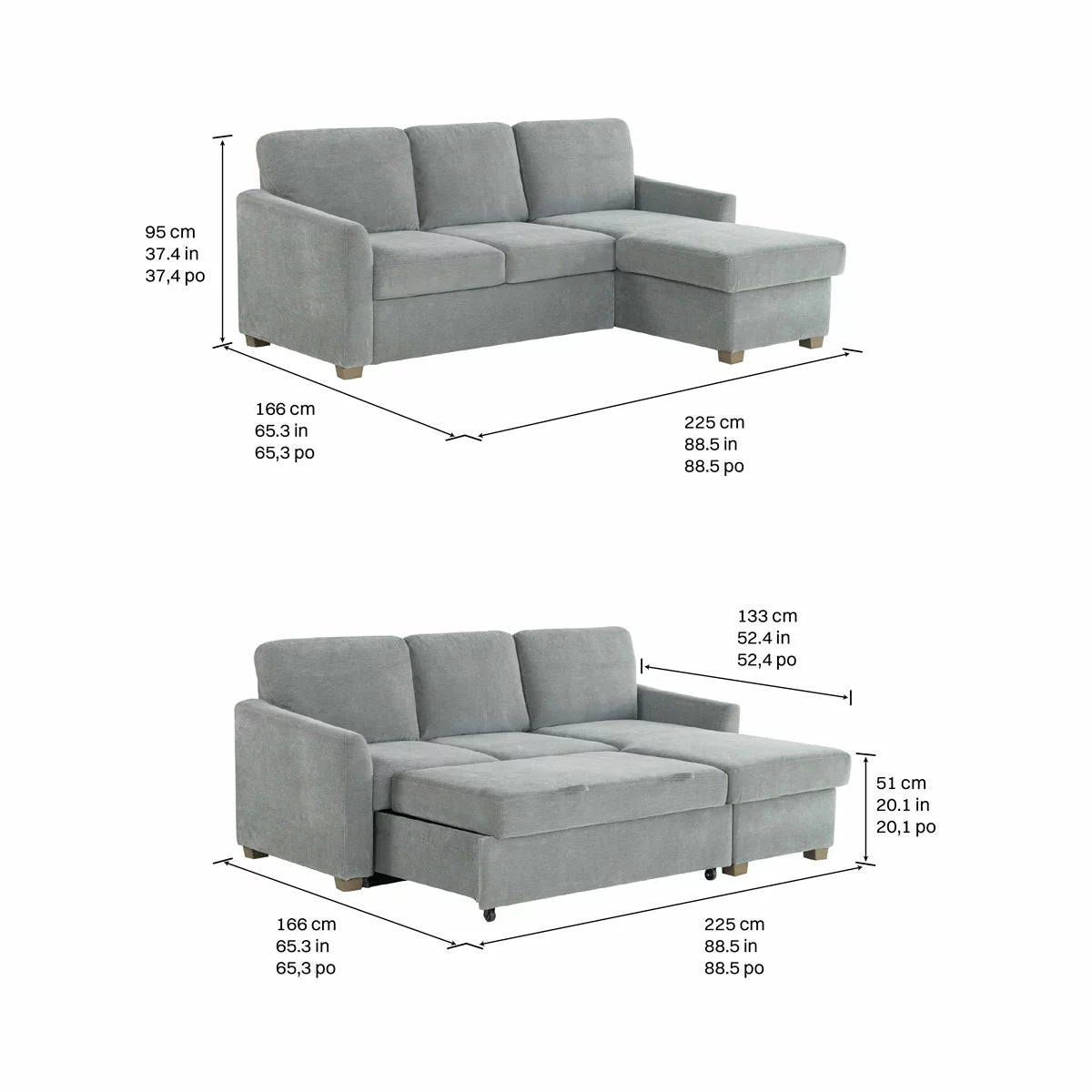 Coddle Cameron Fabric Sofa Bed with Reversible Chaise, Grey