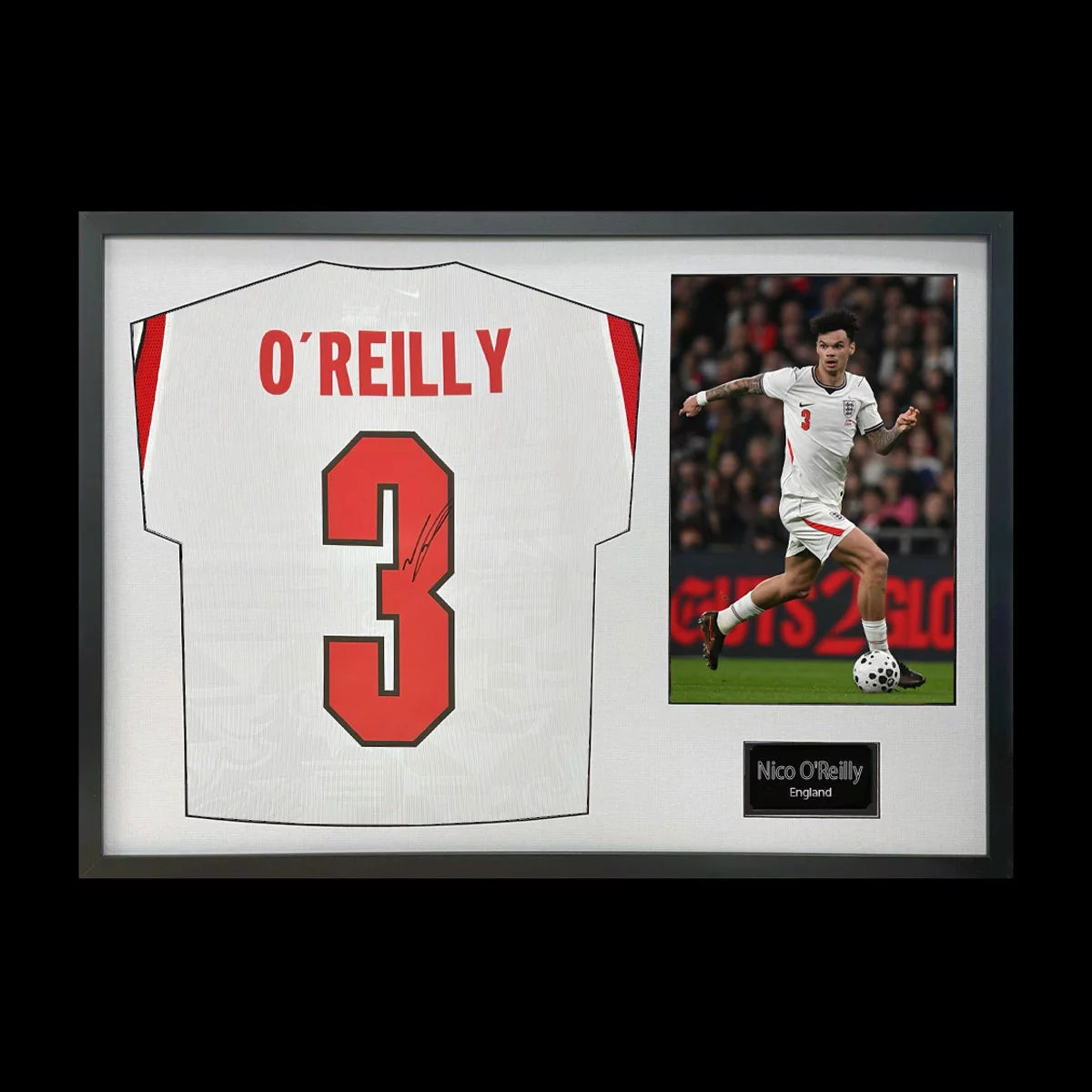 Nico O'Reilly Signed Framed England Football Shirt including 1 Photo in 2