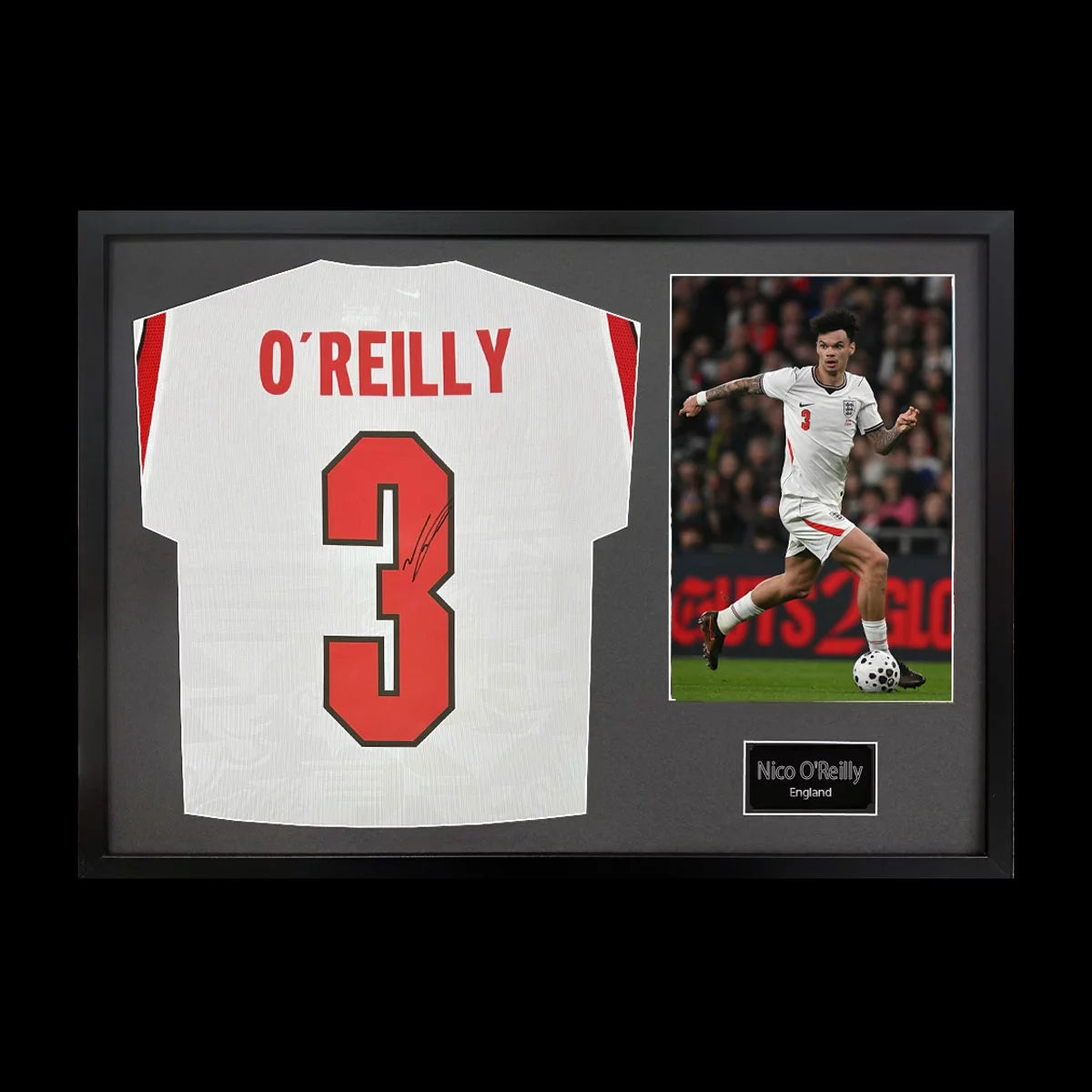 Nico O'Reilly Signed Framed England Football Shirt including 1 Photo in 2