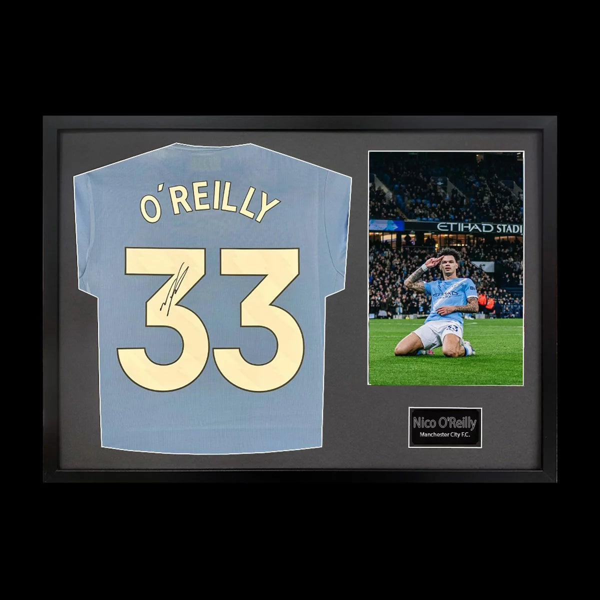 Nico O'Reilly Signed Framed Manchester City Football Shirt including 1 Photo