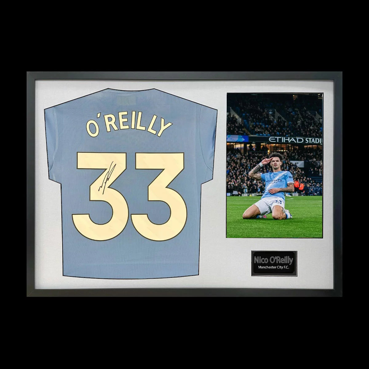 Nico O'Reilly Signed Framed Manchester City Football Shirt including 1 Photo