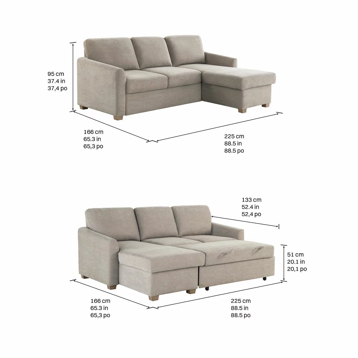 Coddle Cameron Fabric Sofa Bed with Reversible Chaise, Taupe, view 2