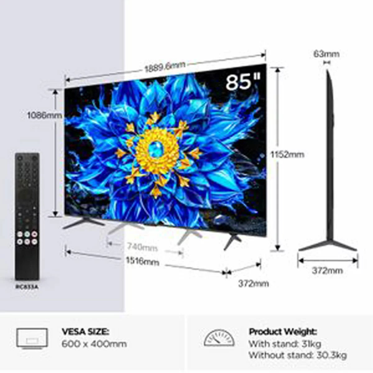 TCL 85P8L-UK 85 Inch Mini LED Smart TV, view 2