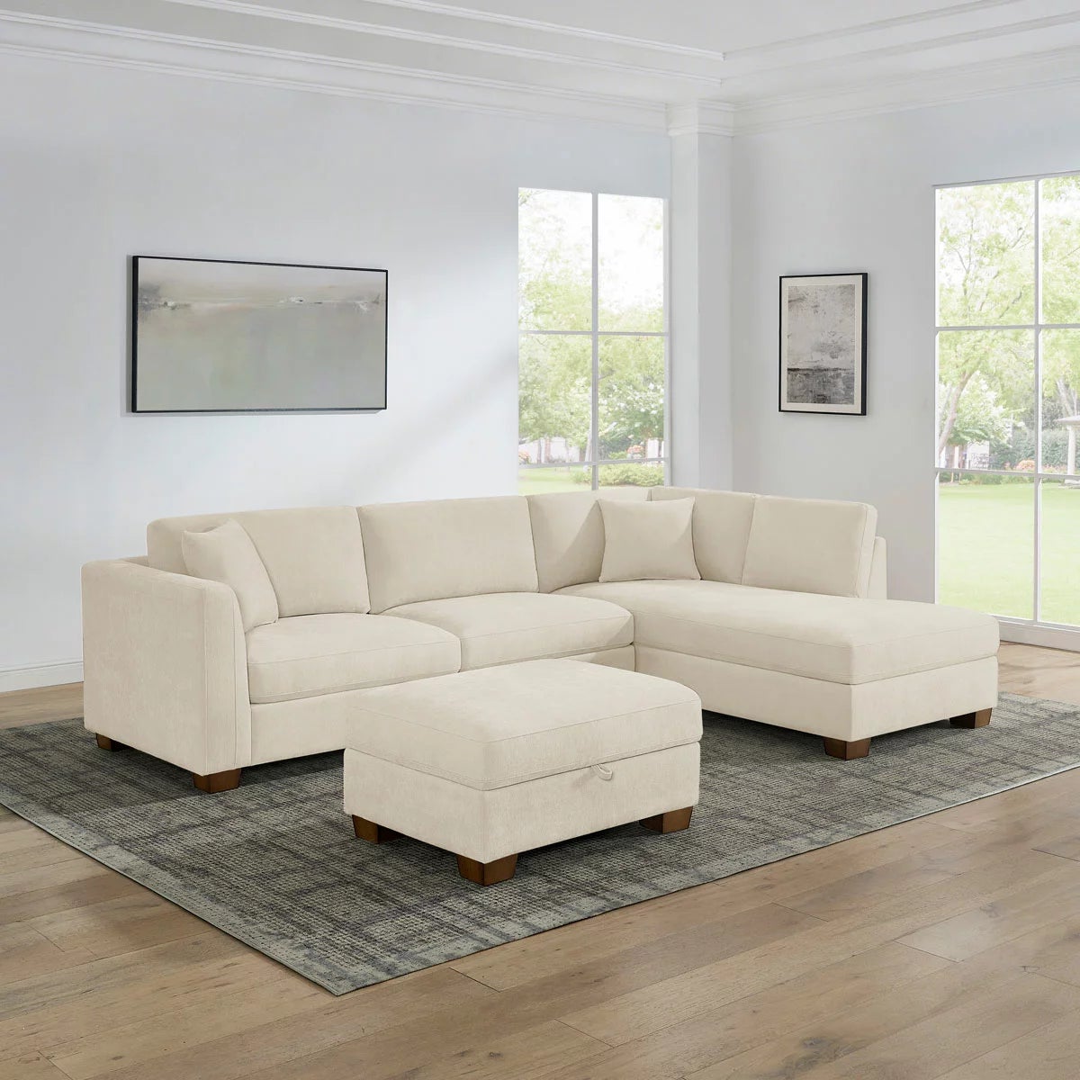 Thomasville Walsen Cream Fabric Corner Sofa with Storage Ottoman in 2 Configurations, view 12