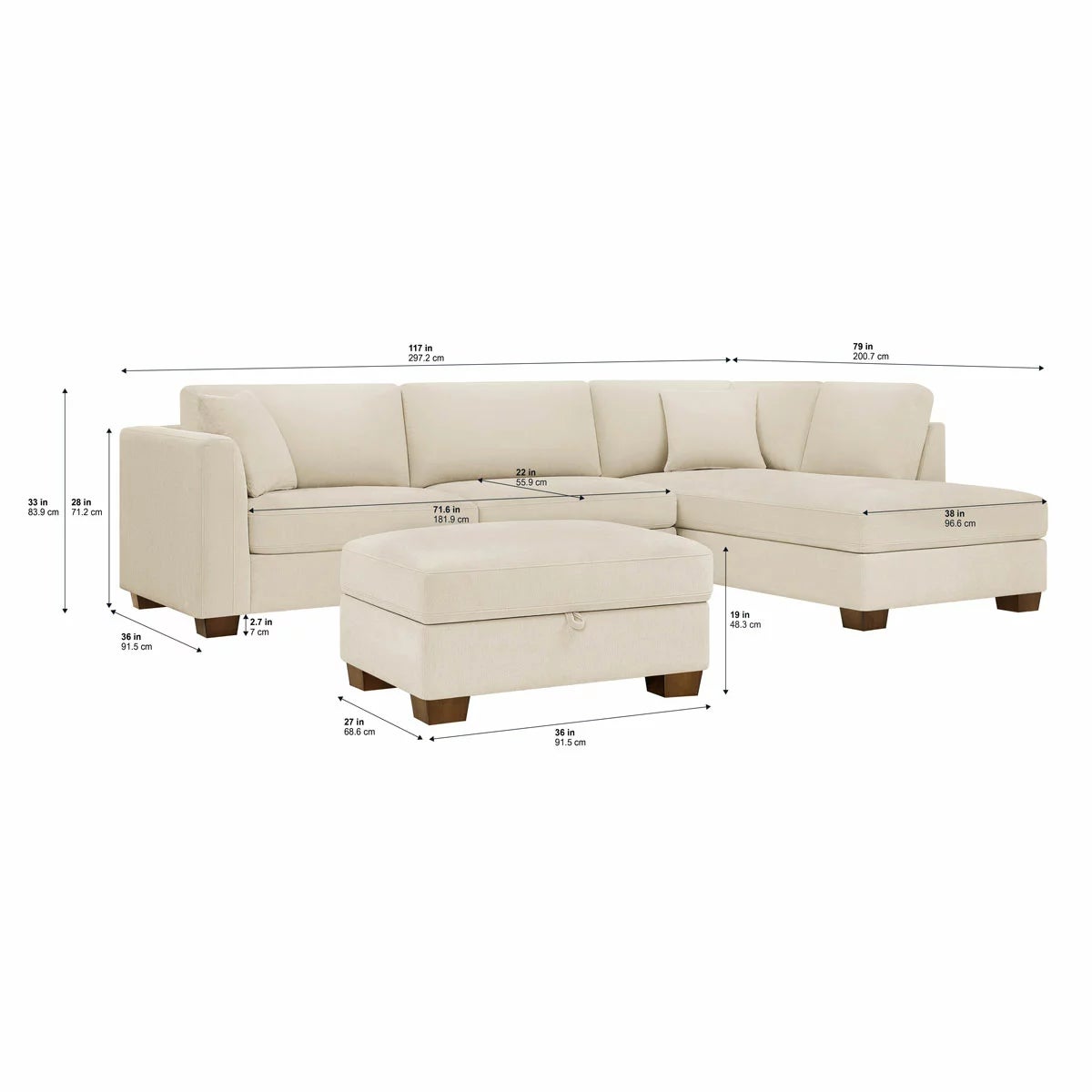 Thomasville Walsen Cream Fabric Corner Sofa with Storage Ottoman in 2 Configurations, view 13