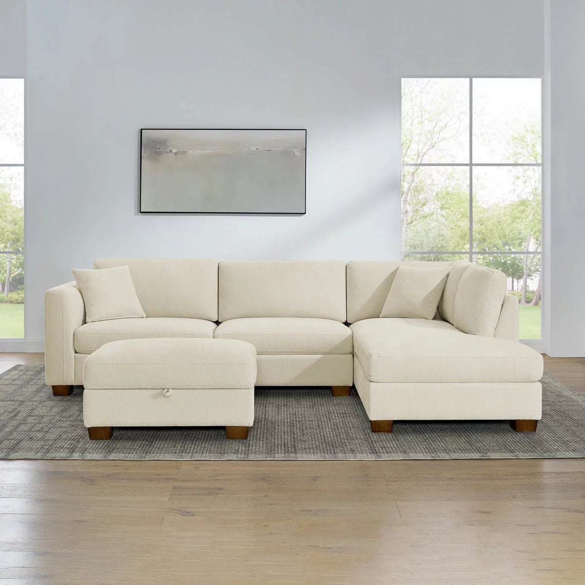 Thomasville Walsen Cream Fabric Corner Sofa with Storage Ottoman in 2 Configurations, view 14