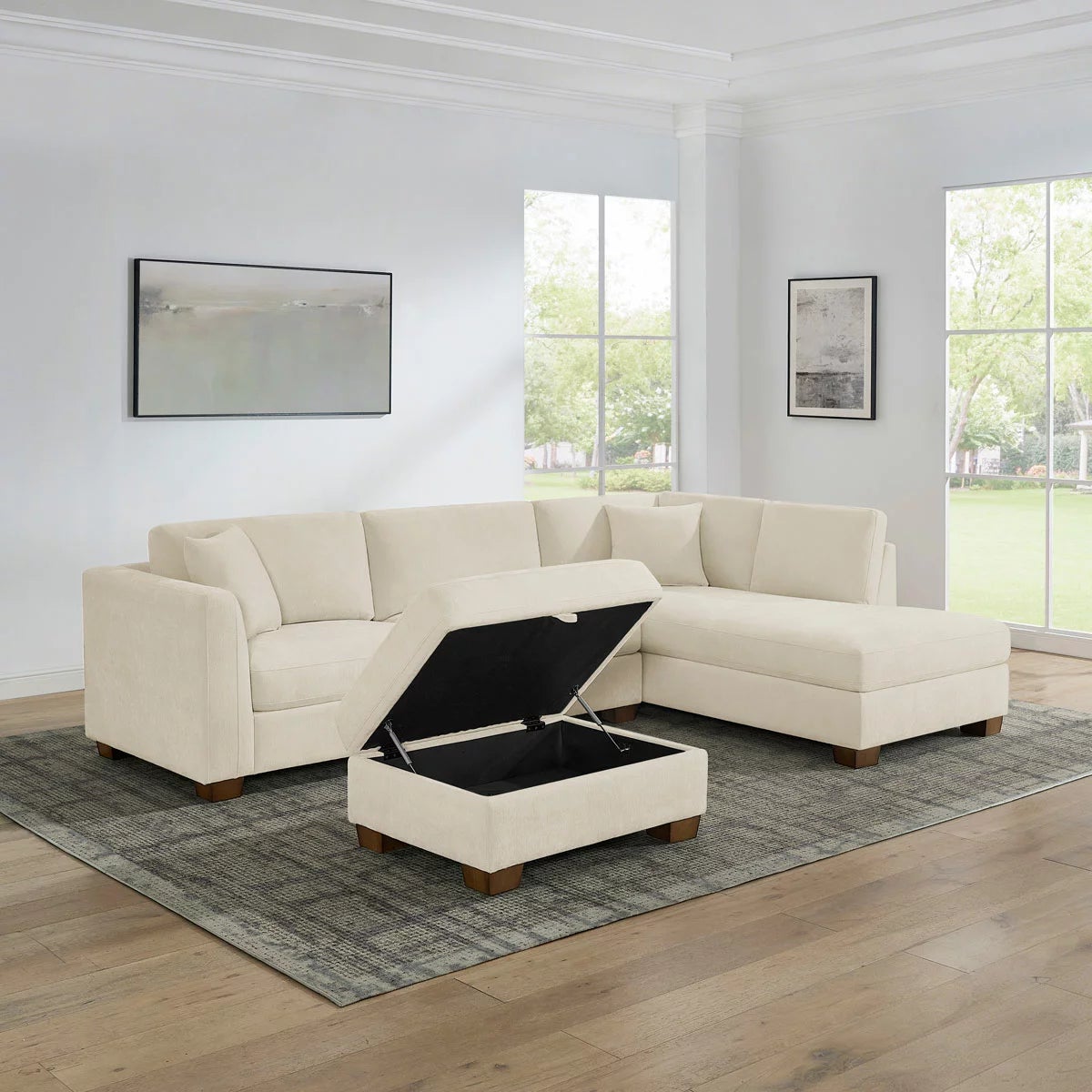 Thomasville Walsen Cream Fabric Corner Sofa with Storage Ottoman in 2 Configurations, view 16