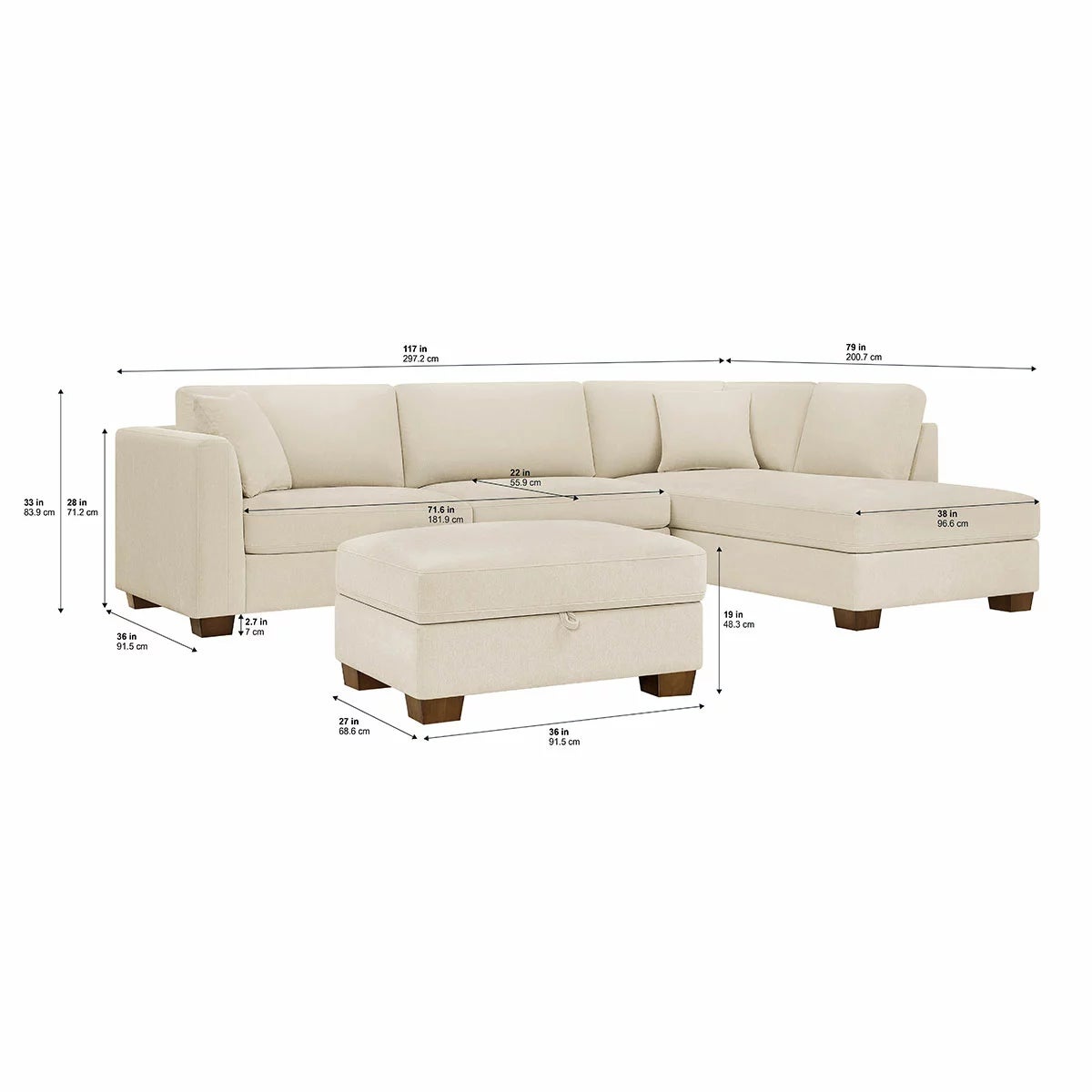 Thomasville Walsen Cream Fabric Corner Sofa with Storage Ottoman in 2 Configurations, view 7