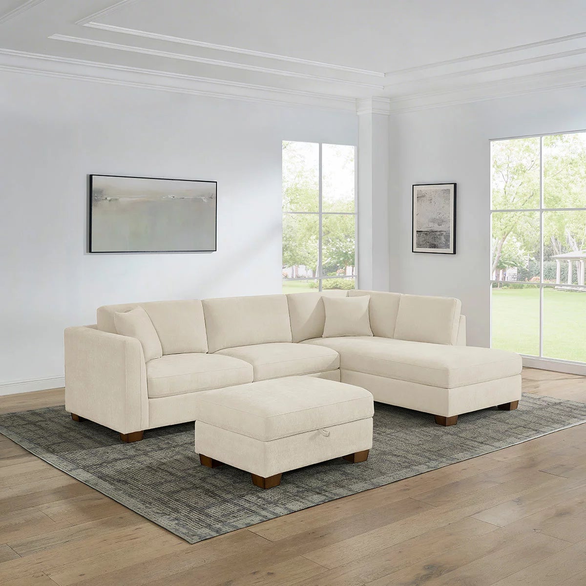 Thomasville Walsen Cream Fabric Corner Sofa with Storage Ottoman in 2 Configurations, view 6
