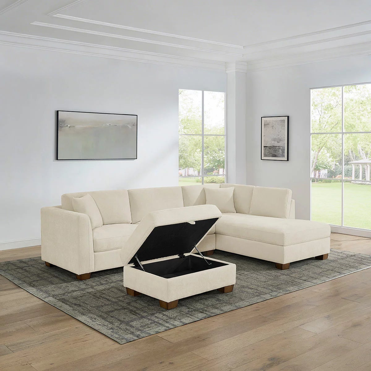 Thomasville Walsen Cream Fabric Corner Sofa with Storage Ottoman in 2 Configurations, view 10