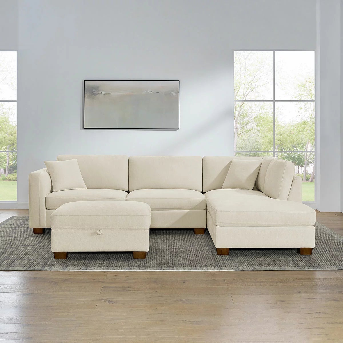 Thomasville Walsen Cream Fabric Corner Sofa with Storage Ottoman in 2 Configurations, view 8