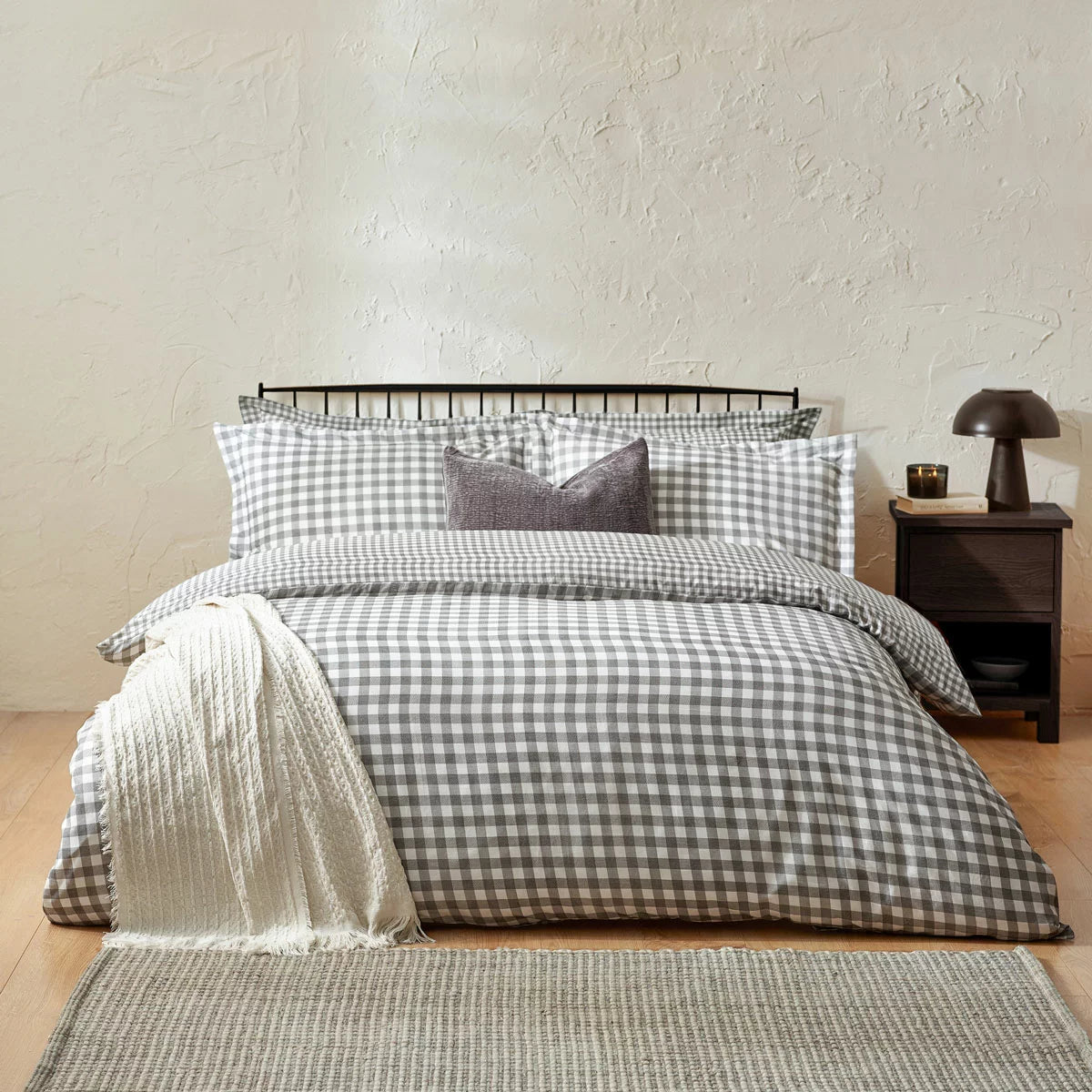 Yard Barton 100% Cotton Grey Gingham Duvet Cover Set in 4 Sizes