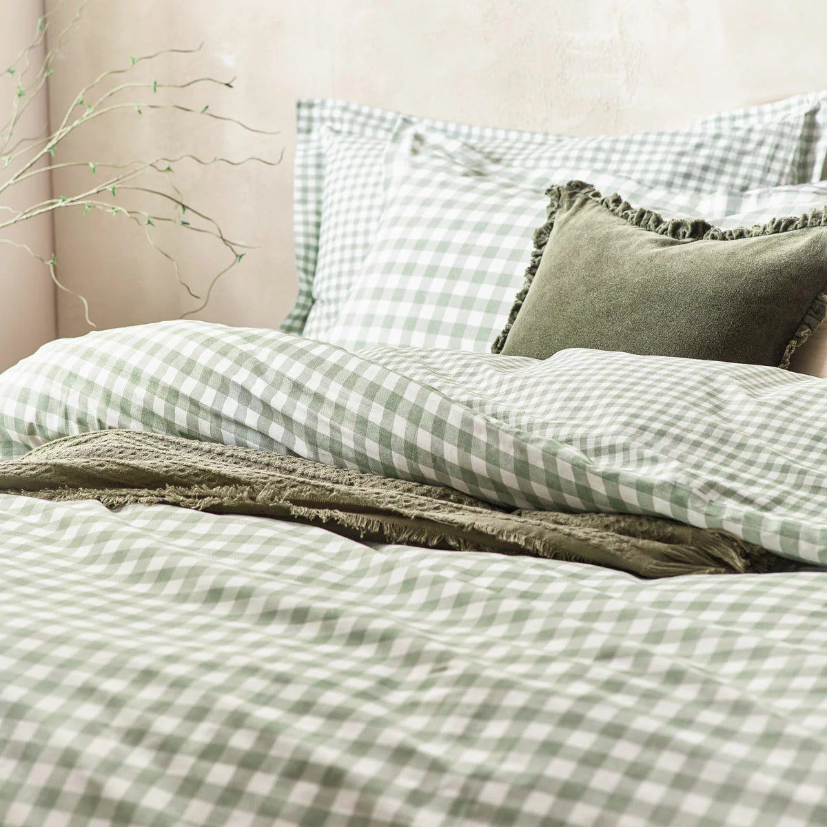 Yard Barton 100% Cotton Green Gingham Duvet Cover Set in 4 Sizes