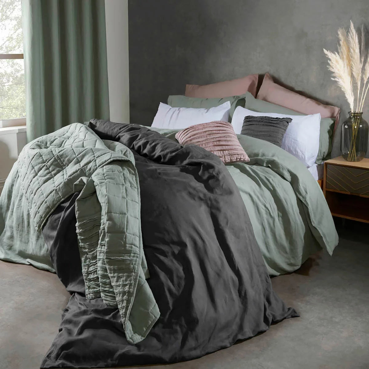 Lazy Linen 100% Washed Green Linen Duvet Cover Set in 3 Sizes
