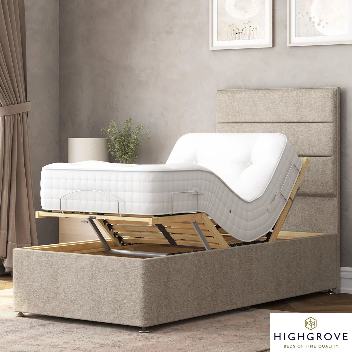 Highgrove Radnor Taupe Fabric Electric Adjustable Bed Frame with 1000 Spring