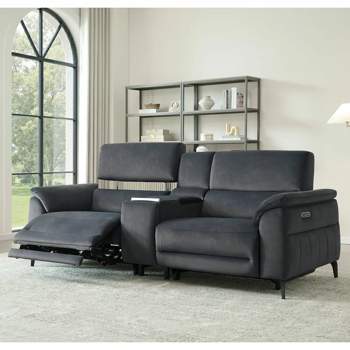 Apex Black Fabric Power Reclining Large 2 Seater Sofa with Power Head Tilt &