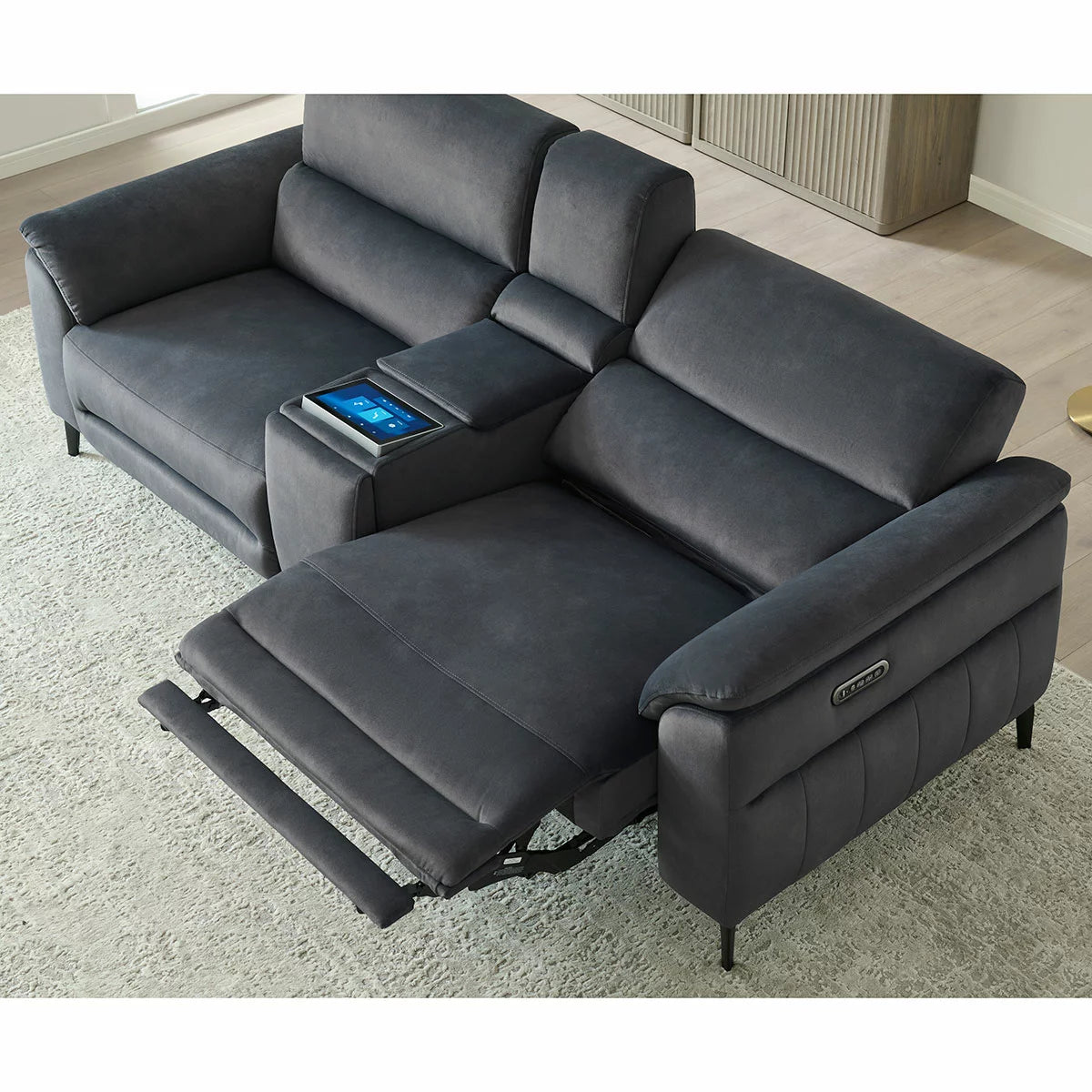 Apex Black Fabric Power Reclining Large 2 Seater Sofa with Power Head Tilt &