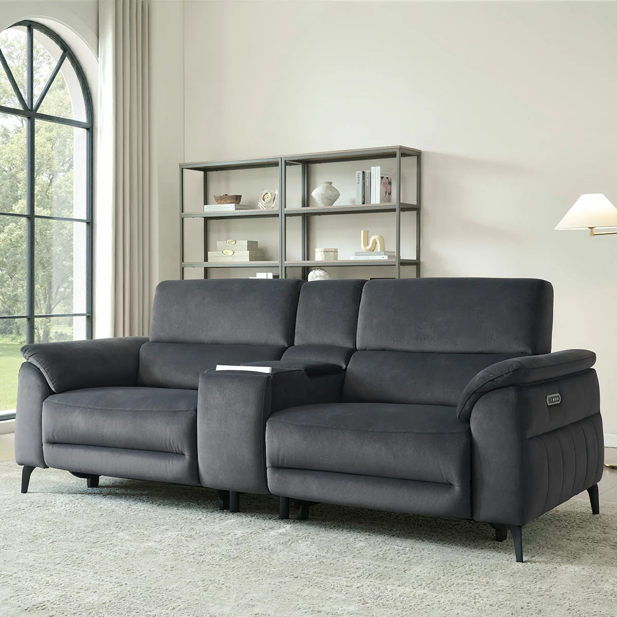 Apex Black Fabric Power Reclining Large 2 Seater Sofa with Power Head Tilt &