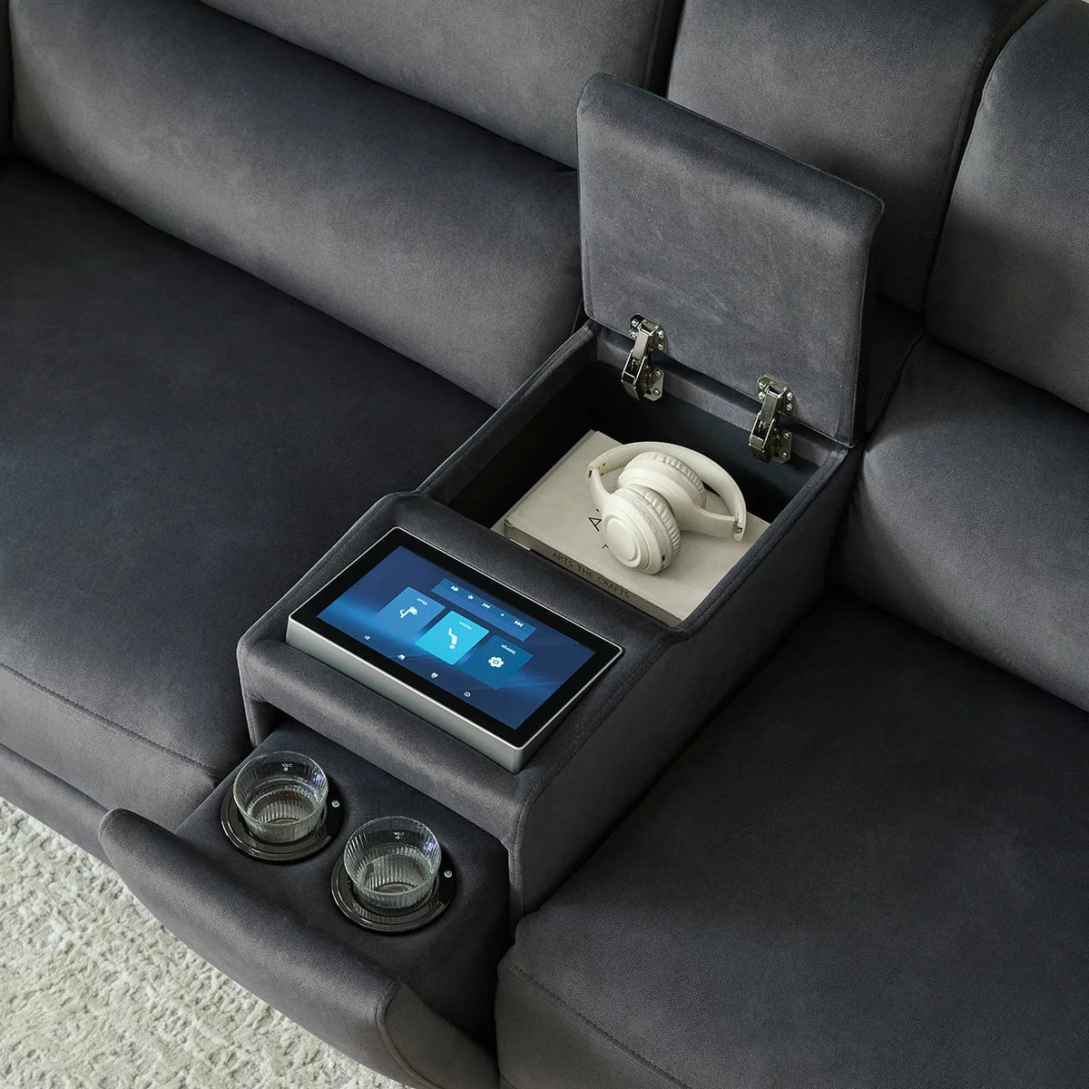 Apex Black Fabric Power Reclining Large 2 Seater Sofa with Power Head Tilt &