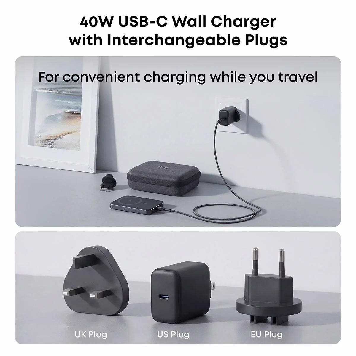 Anker Travel Bundle with MagGo Power Bank (10k, Slim), 40W Wall Charger with US/UK/EU Plugs, 60W USB-C to USB- C Cable (1.8 m/6 ft), and Travel Case, view 3