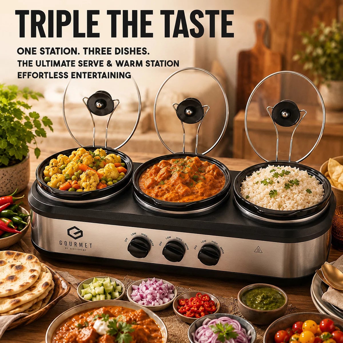 SensioHome Gourmet Triple Slow Cooker & Warming Station 7.1L, view 3