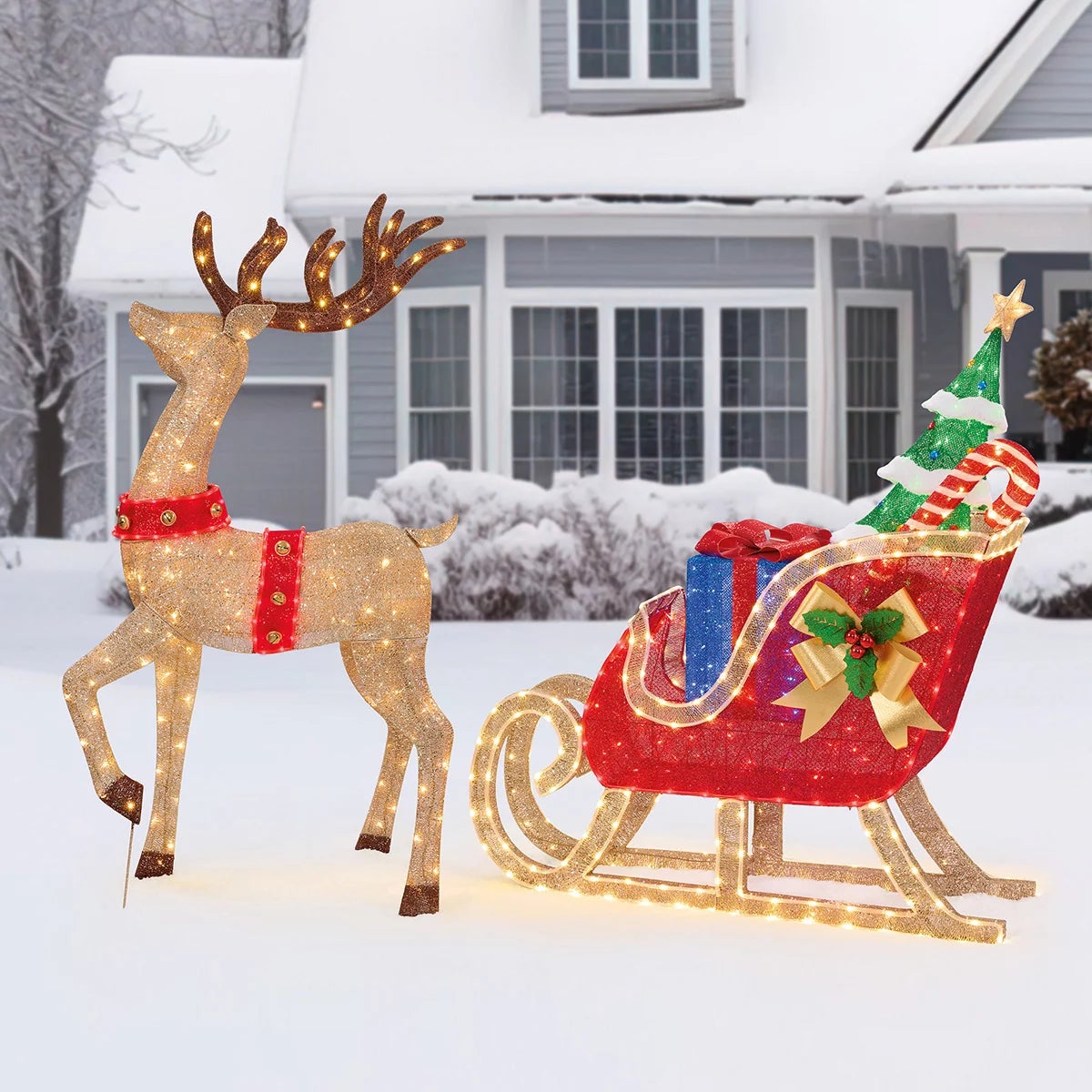 6 ft (182cm) Pre-Lit 3D Deer & Sleigh with 675 LED Lights