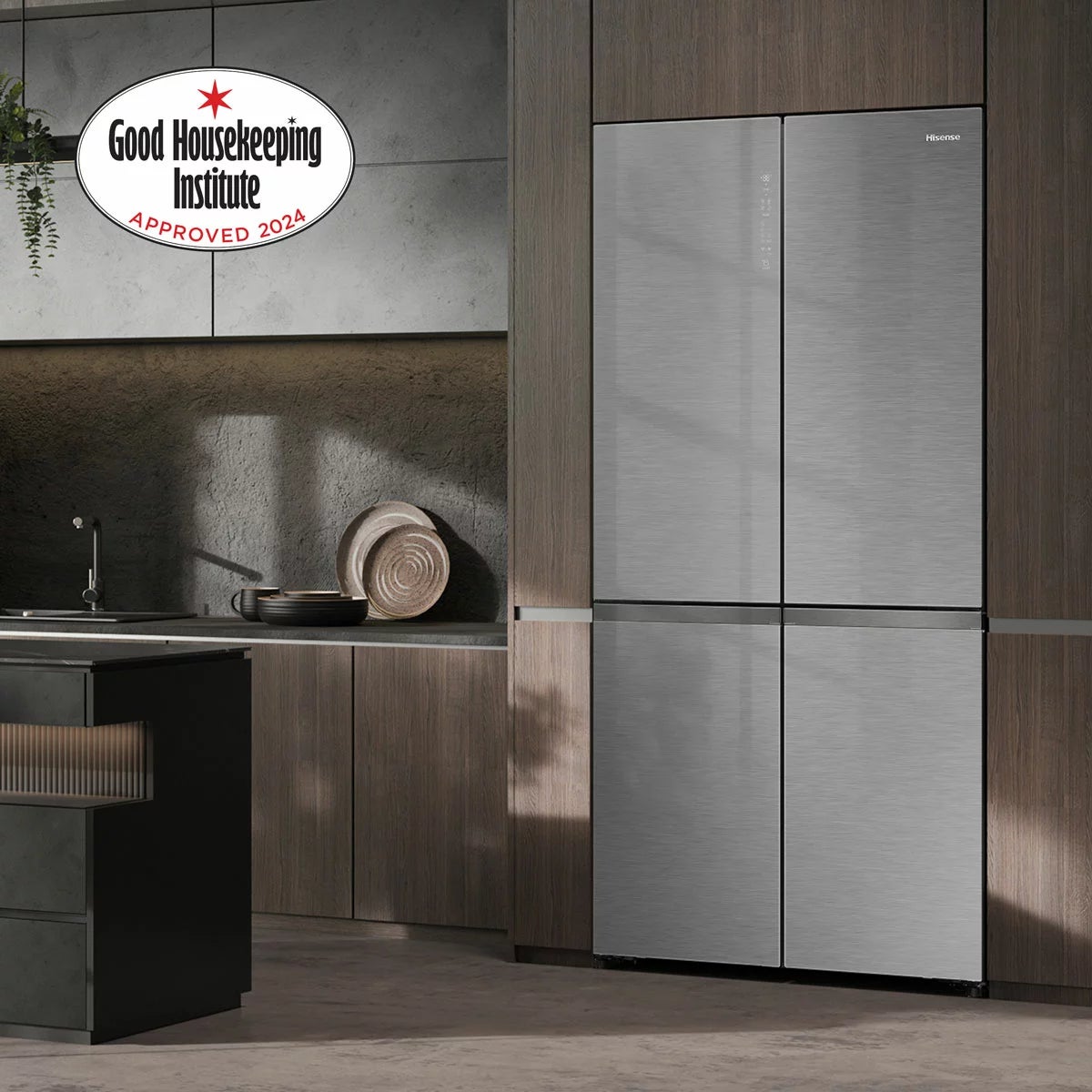 Hisense KitchenFit RQ768N4GVE, Non Plumbed Multidoor Fridge Freezer, E Rated In Silver Glass, view 3