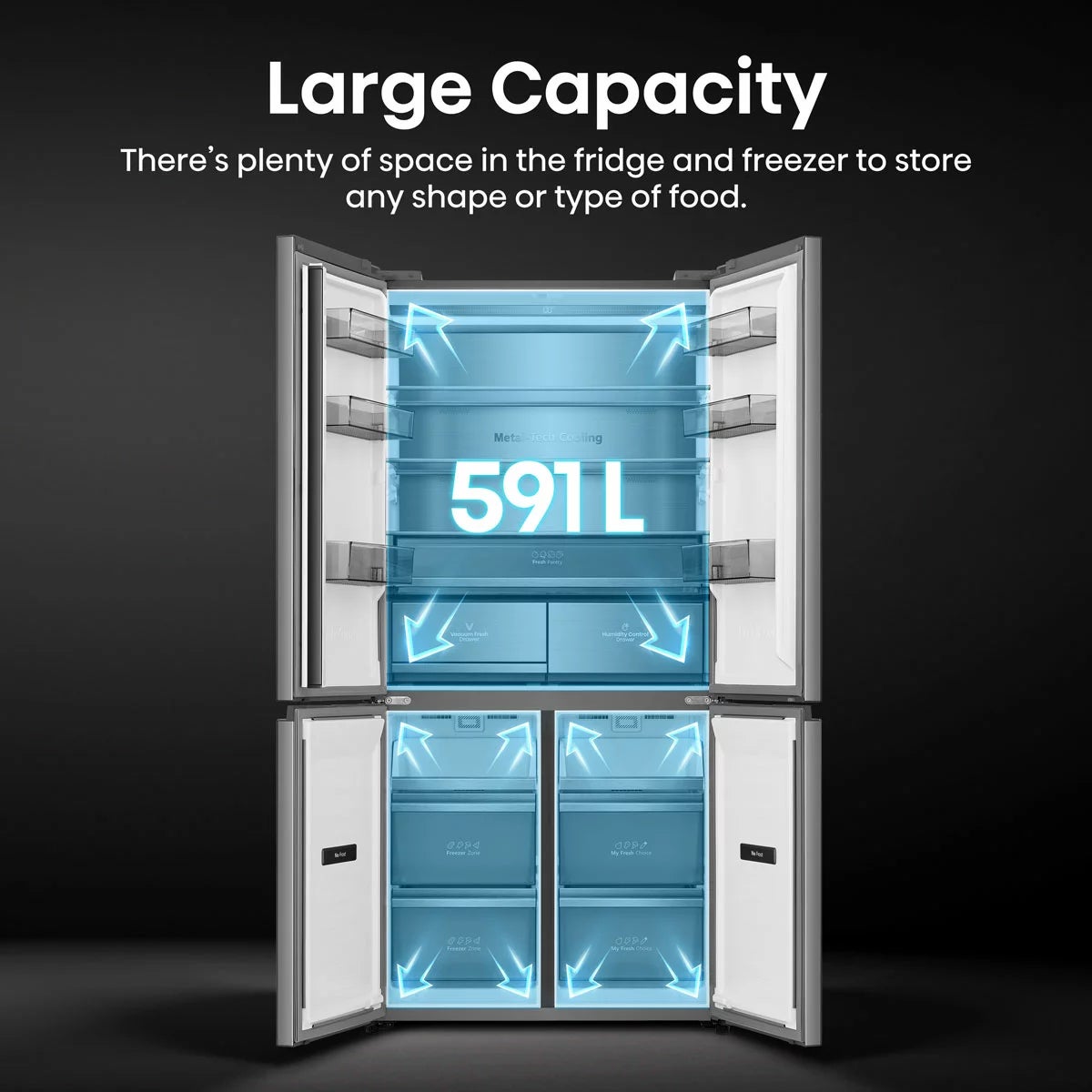 Hisense KitchenFit RQ768N4GVE, Non Plumbed Multidoor Fridge Freezer, E Rated In Silver Glass, view 8