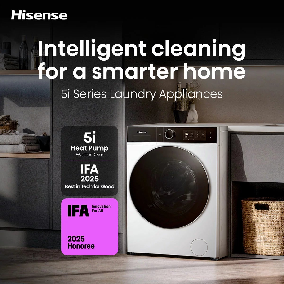 Hisense KitchenFit 5i Series WD5I1245BWRH 12kg / 8kg Washer Dryer, A Rated in White, view 3