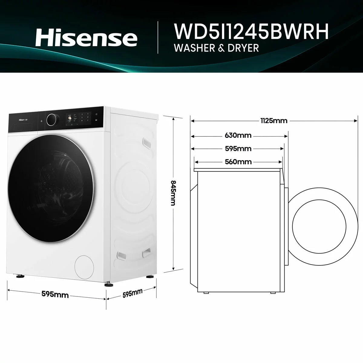 Hisense KitchenFit 5i Series WD5I1245BWRH 12kg / 8kg Washer Dryer, A Rated in White, view 5