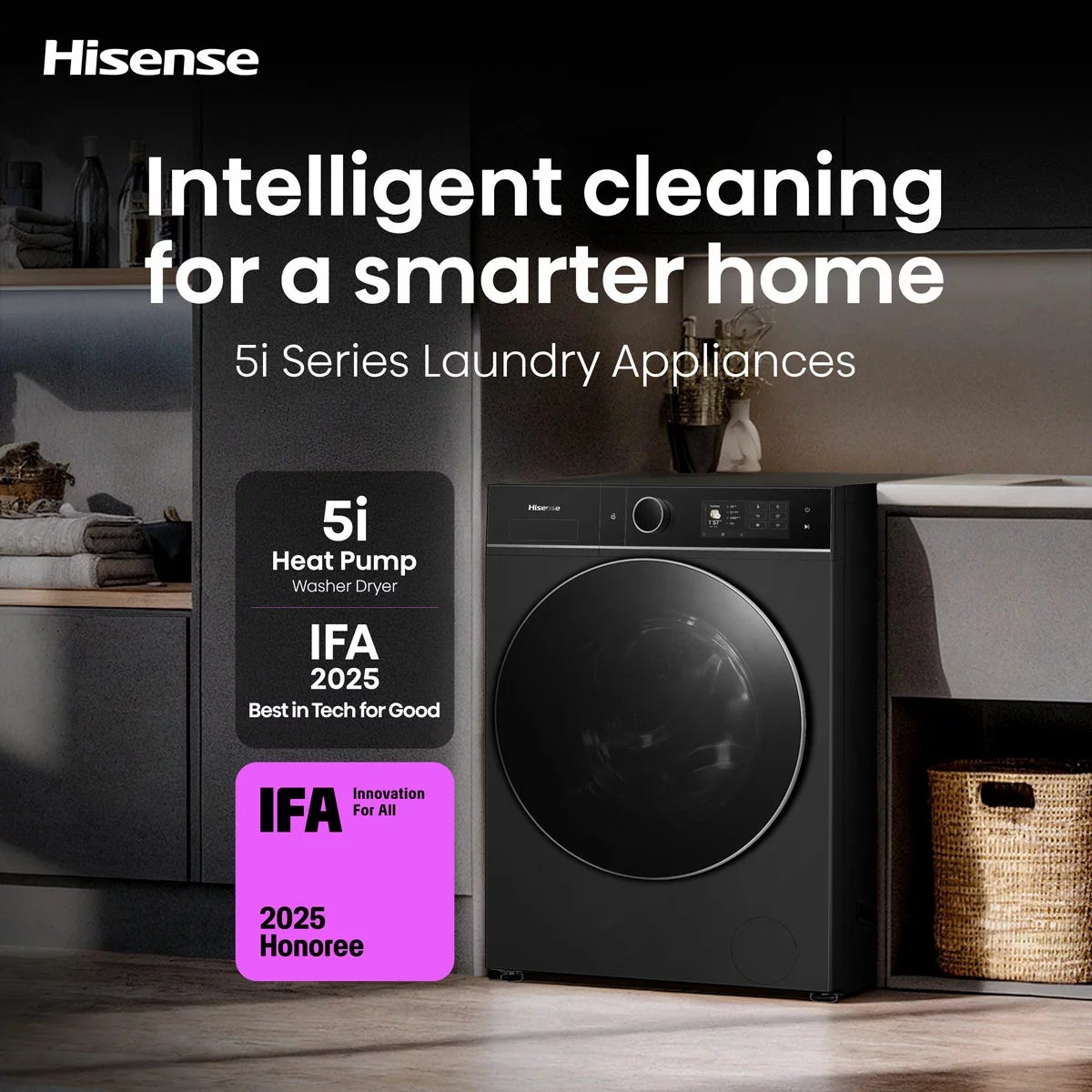 Hisense KitchenFit 5i Series WD5I1245BBRH 12kg / 8kg Washer Dryer, A Rated in Black, view 3