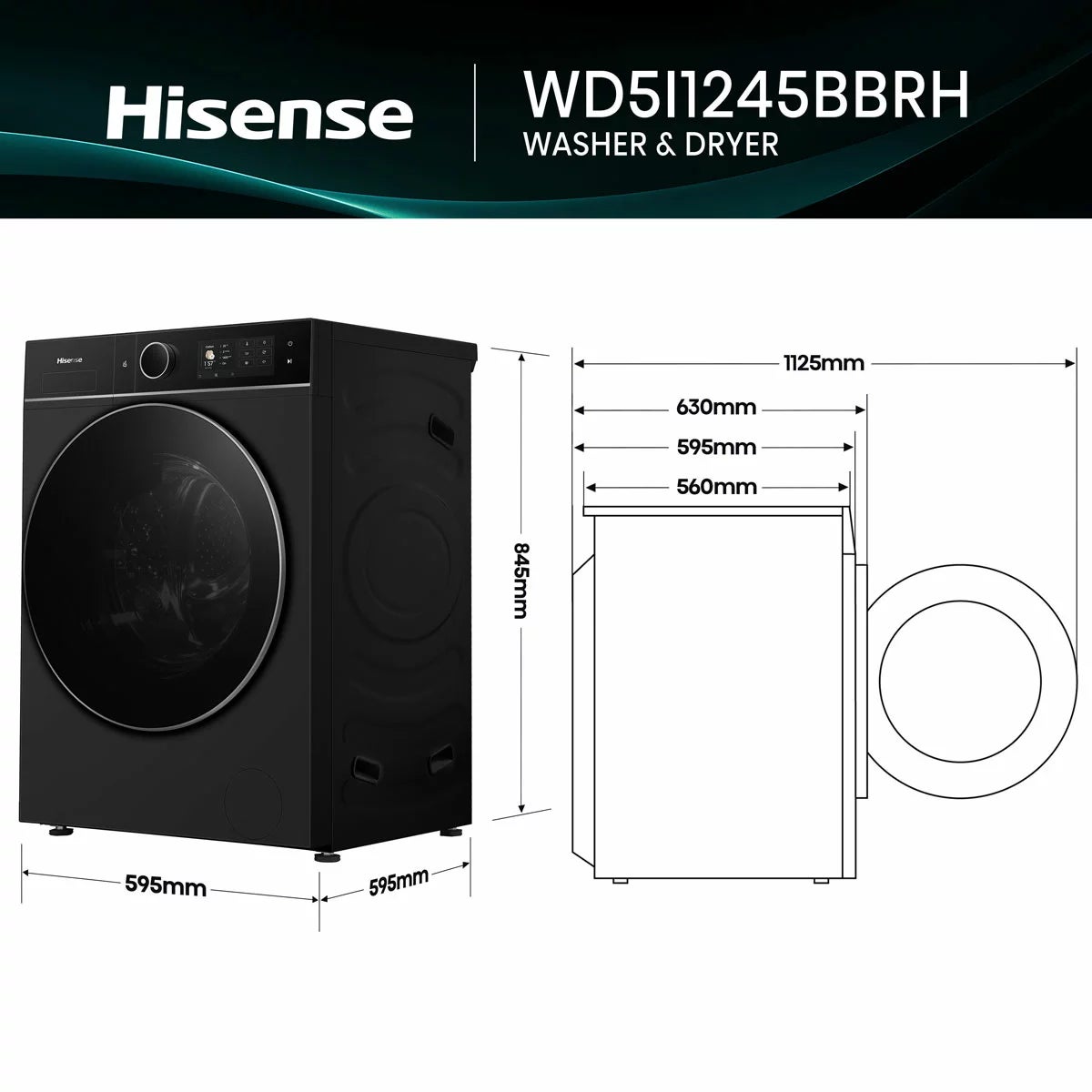 Hisense KitchenFit 5i Series WD5I1245BBRH 12kg / 8kg Washer Dryer, A Rated in Black, view 5